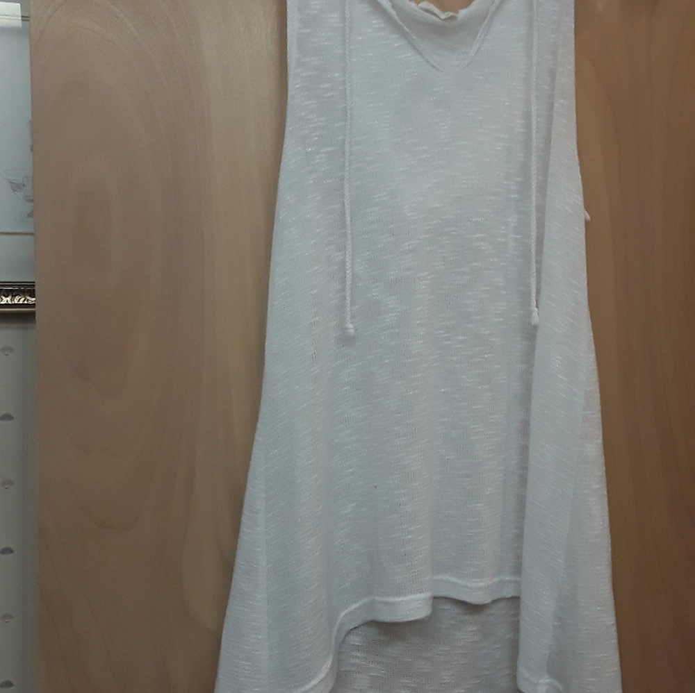 White Knit High Low Laagenlook Boho Hooded Tank Top M